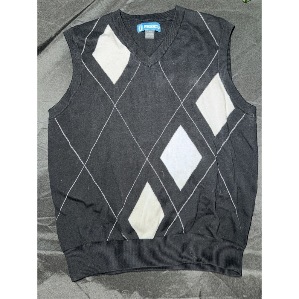 PGA Tour Mens Argyle Sweater Vest Black White V-Neck 100% Cotton Knit Golf L